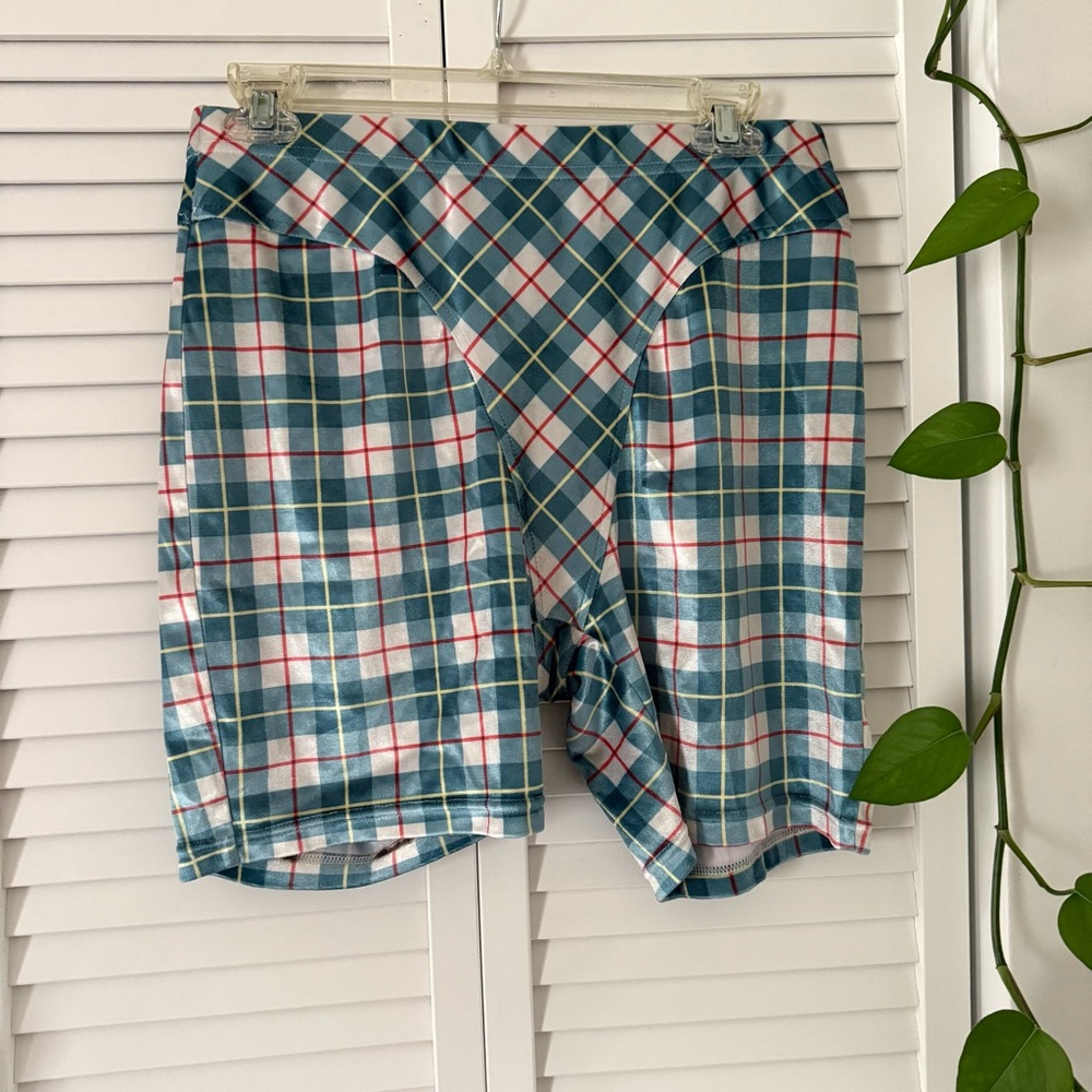 Fashion Brand Company Blue Plaid Velvet Thong Bike Shorts - Picture 2 of 4